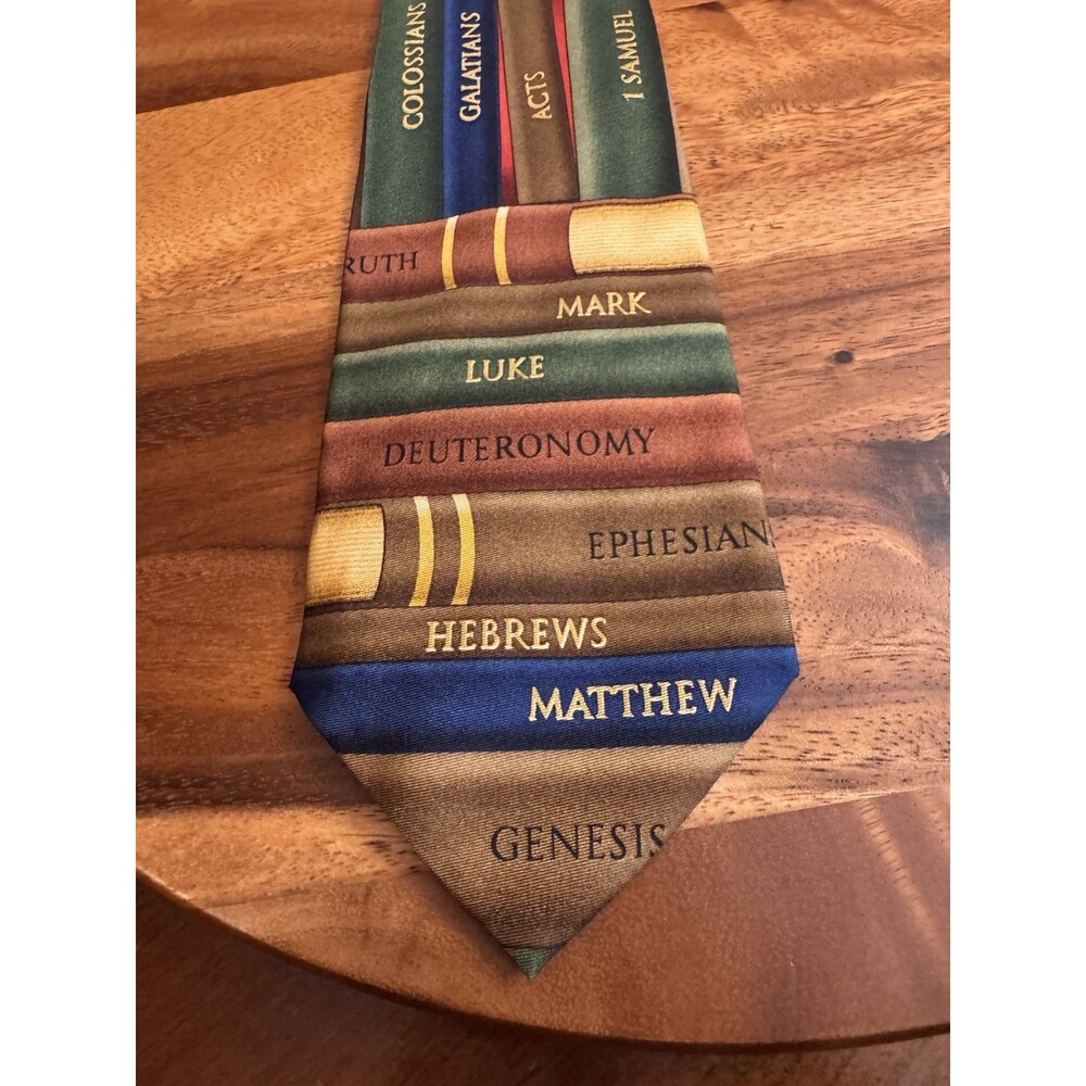 Larson Men's Necktie Tie Silk Satin Bible Books Stacked 3.75” X 58"